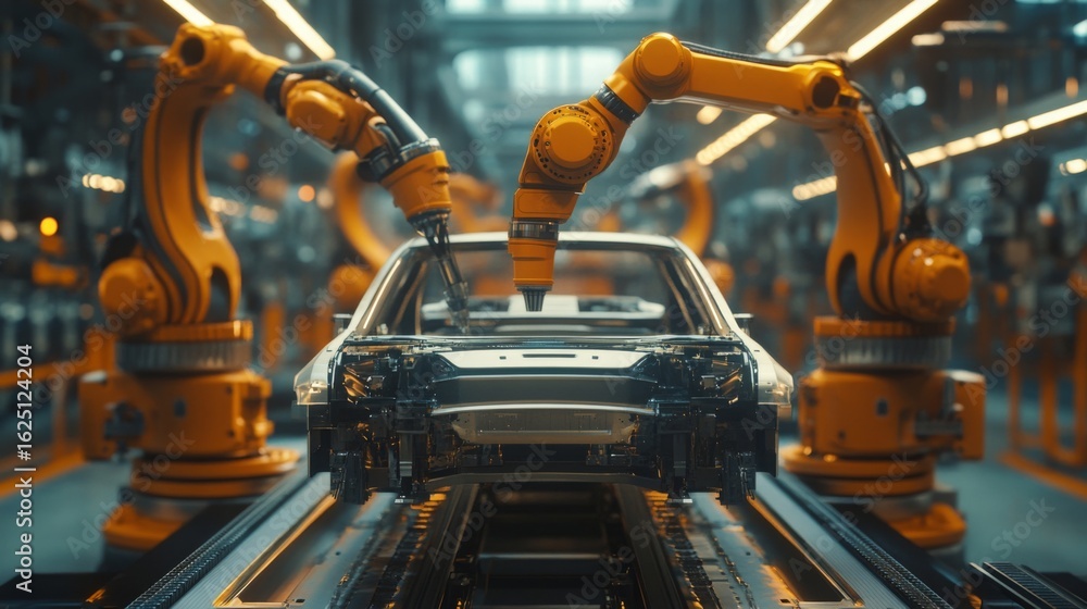 Aufkleber an assembly line featuring robotic arms building a car, showcasing modern automation in the automoti