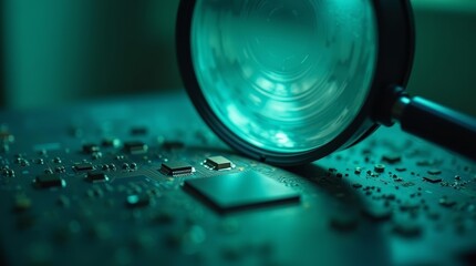 Close-up of electronic circuit through lens, symbolic of surveillance and analysis