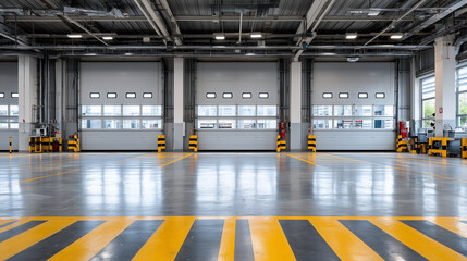 Minimalist warehouse space with gleaming concrete floor etched with precise yellow directional lines, three large white roller doors dominate the back wall, each with evenly spaced