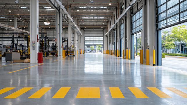 Wide-angle view of an empty, pristine industrial bay, polished grey floor with clean yellow safety lines leads toward white sectional doors framed in steel, glass panels catching a