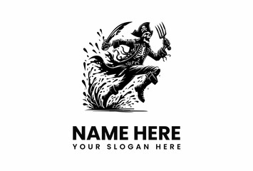 A Fearsome Skeleton Pirate in Action with Sword and Pitchfork.