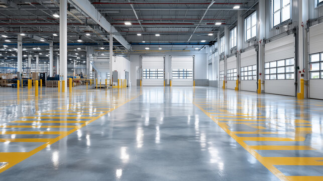 Industrial hall interior bathed in cool natural light, reflective polished concrete stretches across the space, bright yellow path lines trace toward closed white shutter doors wit
