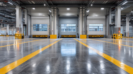Empty, modern loading dock interior with smooth reflective concrete flooring, yellow painted lane markings lead directly to three high white garage doors with clean, glass-inset up