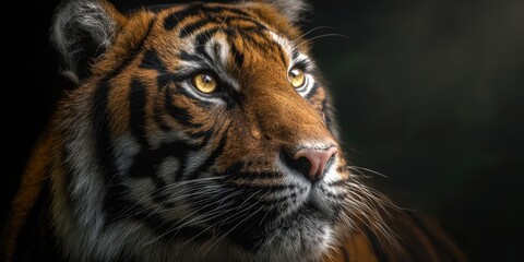 The majestic tiger gazing with intensity in the dim light.