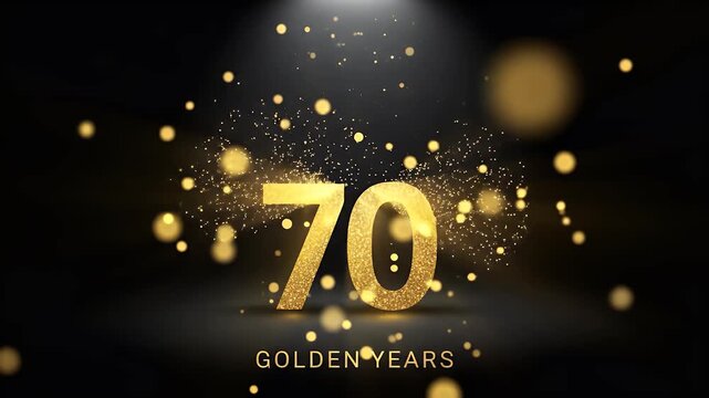 Golden glitter 70 on black background with text golden years, suitable for luxury birthday visuals