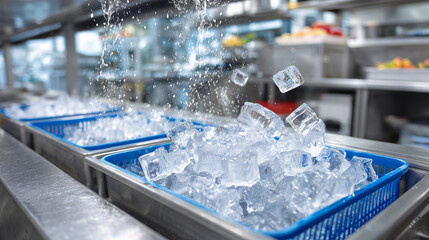Close-up of a commercial ice machine ejecting flawless square ice cubes into metal trays below, clean industrial kitchen backdrop with polished surfaces and pristine organization