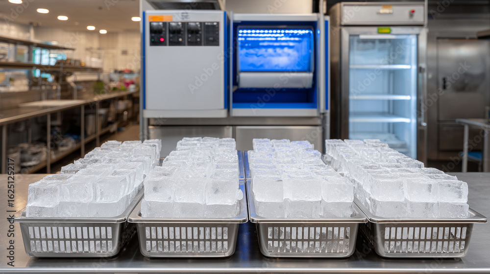 Poster a row of organized metal trays filled with flawless square ice cubes rests in front of a humming com