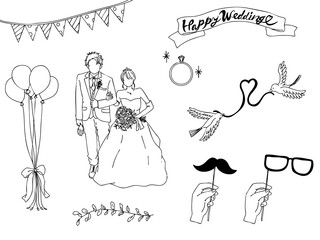 お洒落な結婚式の線画アイコンセット・ウェディング・招待状デザイン・挿絵
