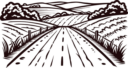 Obraz premium Vintage engraved countryside road with distant hills, trees, and rural landscape illustration in black and white