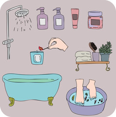 お洒落なお風呂の小物アイコンセット・バスルーム・癒し・ラベル・挿絵