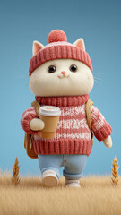 Cute fluffy cat in knit sweater and hat, holding a coffee cup while walking through a field. Wallpaper for mobile phone