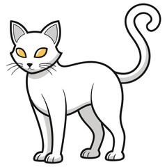 Obraz premium Cartoon white cat standing, with glowing yellow eyes and a curly tail