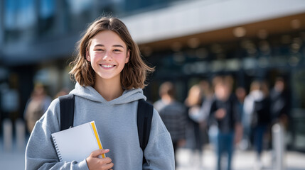 Teenage student smiles confidently while holding a book close to their chest, standing in front of a modern high school entrance, sunlit facade behind, classmates blurred in motion