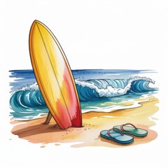 Surfer's Paradise With Vibrant Surfboard and Sandals on Sandy Beach Shore