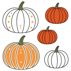 Five stylized pumpkins in orange and white, for fall or Halloween theme