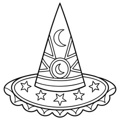 Outlined Witch Hat with Moons, Sun, and Stars for Coloring Fun