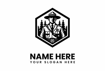 Detailed Black and White Logo of a Park Ranger in Uniform.