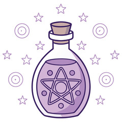 Purple Potion Bottle with Pentagram and Surrounding Stars and Circles