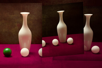 Abstract collage with white vases and balls, stylization