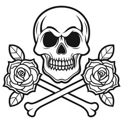 Skull and Roses with Crossbones Tattoo Style Graphic Illustration Art