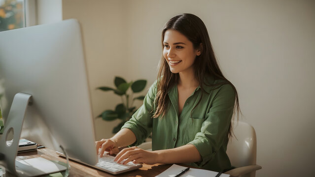 Woman with long brown hair and warm smile wearing a vibrant green shirt sitting in front of a computer screen with a gentle glow, surrounded by sunlight pouring in through a window to her left, castin