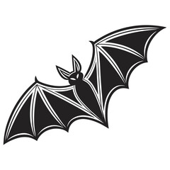 Stylized black and white illustration of a bat with spread wings, Halloween motif