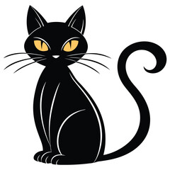Stylized black cat with bright yellow eyes and curled tail sitting