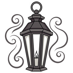 Stylized Drawing of an Antique Lantern with Candle and Decorative Swirls