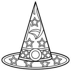 Stylized Witch Hat Outline with Stars for Halloween Coloring Page