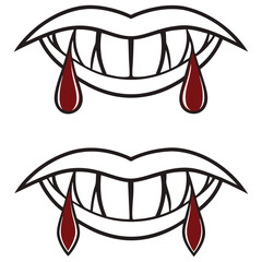 Two pairs of vampire fangs dripping with blood, stylized graphic art