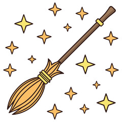 Whimsical Cartoon Broom Surrounded by Sparkling Stars on a White Background