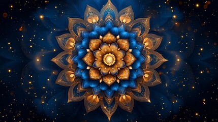 Mystical Mandala: A Celestial Blue and Gold Fractal Flower