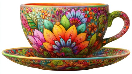 Ornate Colorful Floral Tea Cup And Saucer