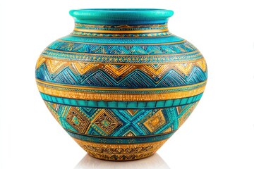 Ornate Turquoise And Gold Vase On White Background
