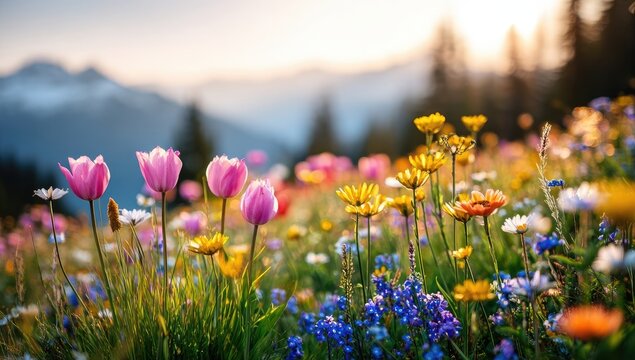 Colorful wildflowers bloom in a mountain meadow at sunset (1)