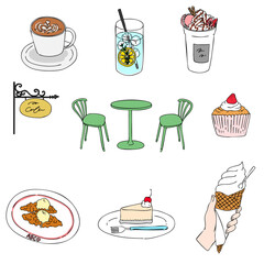 オシャレなカフェのスイーツセットイラスト・ラベルデザイン・挿絵