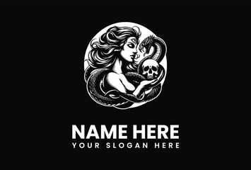 Intricate Tattoo Design of a Woman with Snake and Skull.