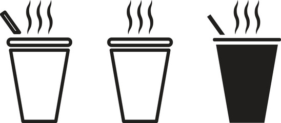Set of black and white vector icons of hot takeaway drink cups with steam and straw. Minimalist beverage cup illustrations, ideal for coffee, tea, or hot drink packaging and cafe branding
