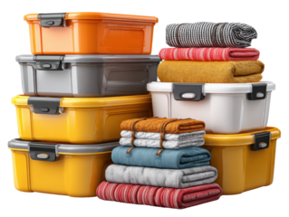 Organized Storage Solutions: A vibrant collection of organized storage boxes and neatly folded blankets, symbolizing order and efficiency, perfect for household organization.