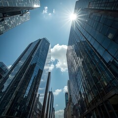 Skyscraper buildings in London City, with a low angle view, showcase Europe's financial economy, merger and acquisition concepts, and modern architecture in a blue urban background.