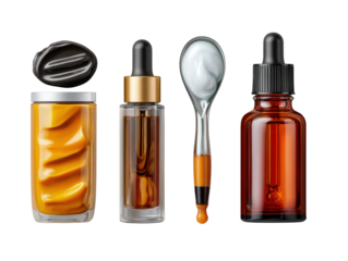 Serums, Essences, and Potions: A curated collection of skincare serums and elixirs with a modern design aesthetic. This composition features carefully arranged glass bottles, jars, and applicators.
