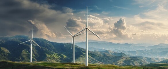 The wind turbines against a dramatic sky with rolling green hills and clouds.