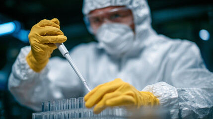 Fototapeta na wymiar Close focus on hazmat suit sleeves and sealed gloves inserting test tubes into containment chamber compartments, soft reflections on safety glass emphasizing the barrier between hu