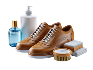 Clean Elegance: An eye-level shot of high-end brown leather shoe alongside grooming essentials, conveying timeless elegance, refinement and meticulous care. 