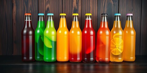 Vibrant bottled drinks in a row on dark wood, showcasing vivid colors,  juice bottles,   smoothie bottles