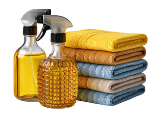 Cleaning Essentials: A composition showcasing cleaning supplies for household chores. Two spray bottles are beside a stack of colorful towels ready for use.