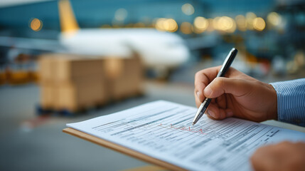 Macro shot of cargo paperwork filled with detailed weight and contents info, workerâs hand crossing off verified items, airplane and cargo bay softly blurred beyond the documents
