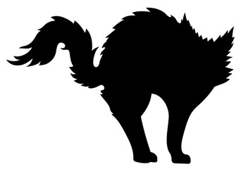 Scared black cat silhouette with arched back and raised fur. Halloween-style feline posture, fear, tension, instinctive defense, spooky decor, witchcraft themes, classic horror illustrations