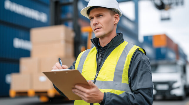Focused shot of worker in high-visibility vest reviewing cargo manifests on clipboard, intense concentration on face partially visible, loading equipment and stacked freight crates