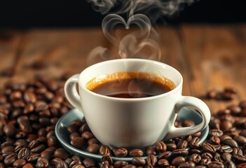 Warm decaf coffee in a steaming cup, heart-shaped steam, coffee beans scattered nearby,  comfort,  fragrant